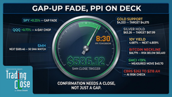 Market recap thumbnail: CPI gap-and-fade trading session with gold breakout and Bitcoin neckline watch, 08/12/2026