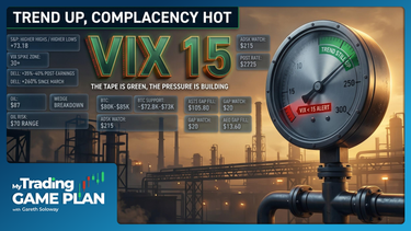 Gareth Soloway's 5/29 game plan cover — AI boom highs vs. consumer strain, oil wedge breakdown, VIX complacency, Bitcoin support.