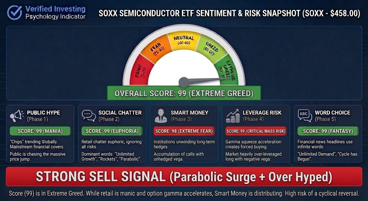 Verified Statistics chart — psychology indicator for semiconductors at 99, the extreme greed threshold.