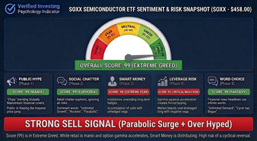 Verified Statistics chart — psychology indicator for semiconductors at 99, the extreme greed threshold.