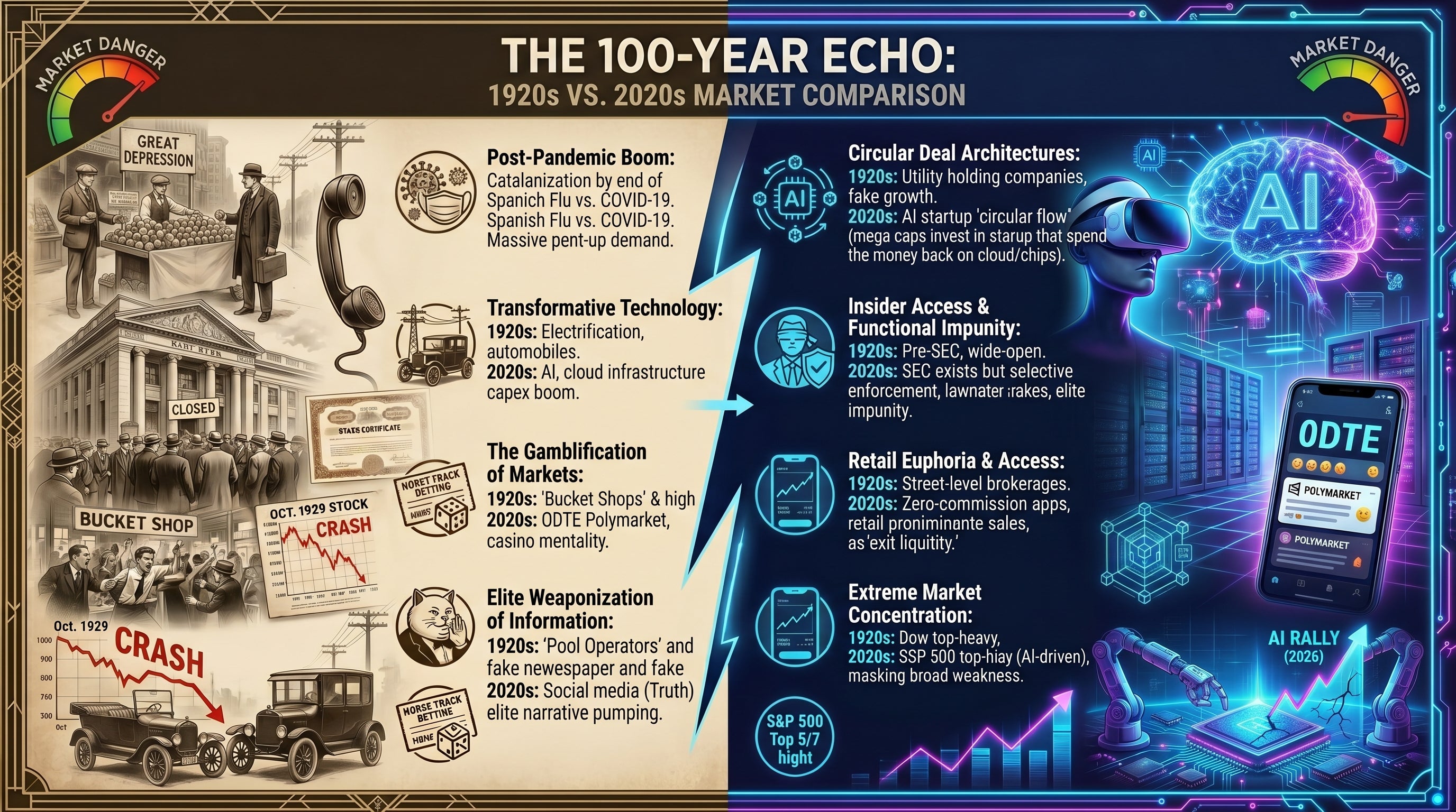 AI-generated illustration comparing economic parallels between the Roaring 1920s and Roaring 2020s