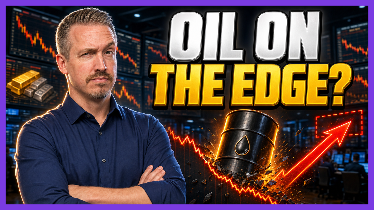 Drew Dosek with a US oil chart showing inverse head and shoulders patterns plus gold and silver support levels