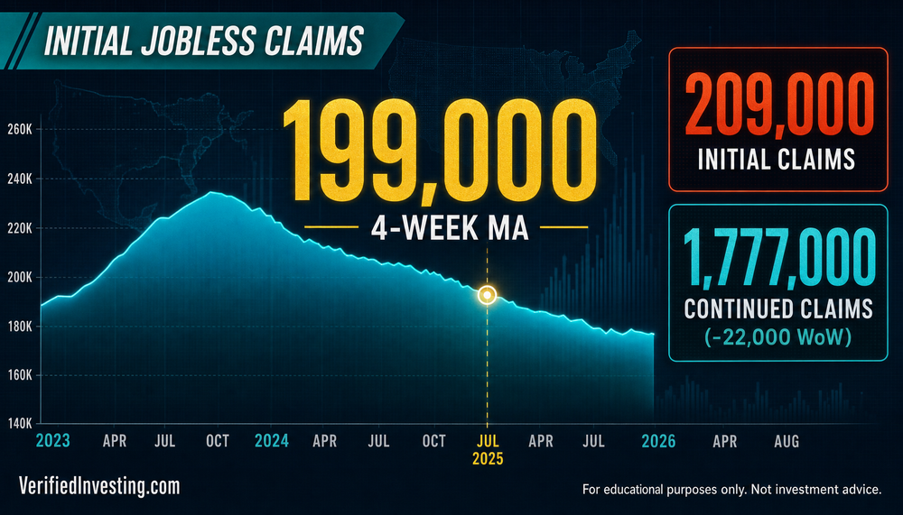 This is a publish-ready claims piece that correctly tells readers to ignore the weekly spike and focus on the unchanged 199,000 average plus falling continued claims.